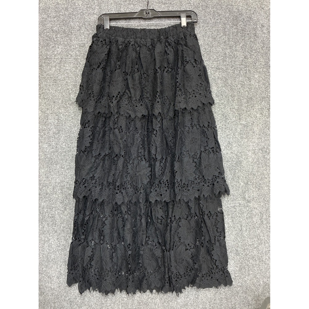 Curds & Whey Black Lace Tiered Maxi Skirt Elastic Waist Floral Boho C6007 Size M